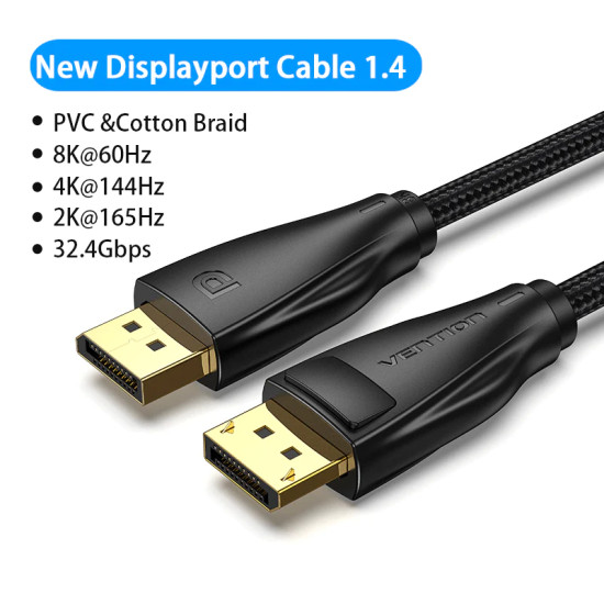 Vention кабел Display Port 1.4 DP M / M 8K 1.5m - Cotton Braided, Black - HCCBG Vention кабел Display Port 1.4 DP M / M 8K 1.5m - Cotton Braided, Black - HCCBG