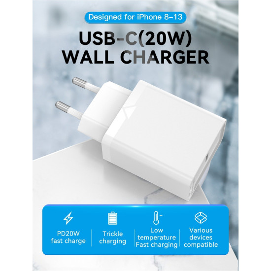 Vention бързо зарядно Fast Charger Wall - QC4.0, PD3.0 Type-C, 20W White - FADW0 Vention бързо зарядно Fast Charger Wall - QC4.0, PD3.0 Type-C, 20W White - FADW0