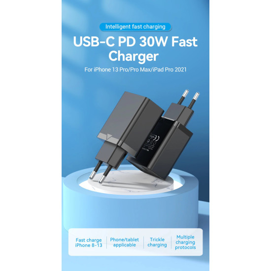 Vention бързо зарядно Fast Charger Wall - QC4.0, PD3.0 Type-C, 30W White - FAIW0 Vention бързо зарядно Fast Charger Wall - QC4.0, PD3.0 Type-C, 30W White - FAIW0