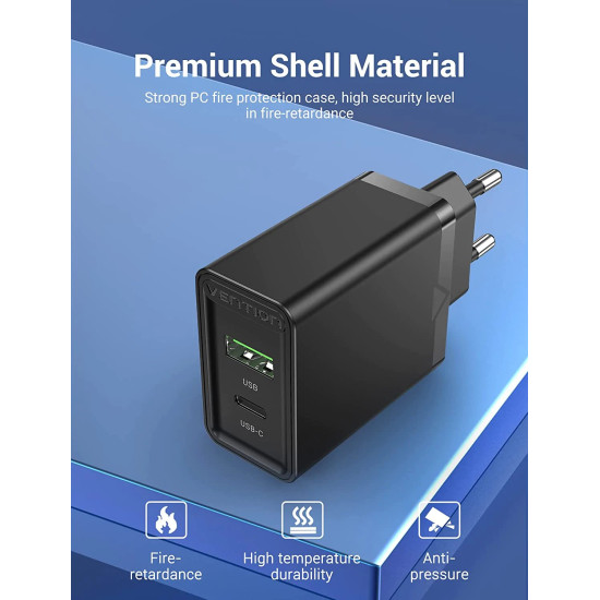Vention бързо зарядно Fast Charger Wall - QC4.0, PD Type-C + QC3.0 USB A, 20W Black - FBBB0 Vention бързо зарядно Fast Charger Wall - QC4.0, PD Type-C + QC3.0 USB A, 20W Black - FBBB0