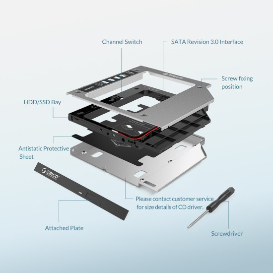 Orico тънко кади за лаптоп Laptop Caddy 9.0-9.5mm SATA3 with LED/switch - M95SS-SV Orico тънко кади за лаптоп Laptop Caddy 9.0-9.5mm SATA3 with LED/switch - M95SS-SV