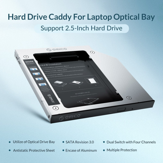 Orico тънко кади за лаптоп Laptop Caddy 9.0-9.5mm SATA3 with LED/switch - M95SS-SV Orico тънко кади за лаптоп Laptop Caddy 9.0-9.5mm SATA3 with LED/switch - M95SS-SV