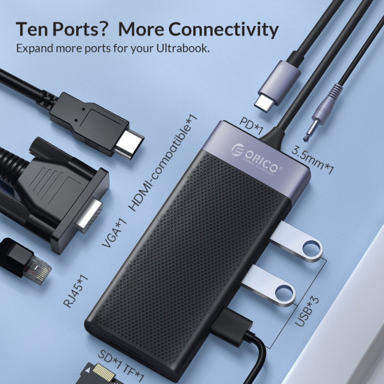 Orico докинг станция Type-C Docking Station Power Distribution 3.0 87W - HDMI, Type-C x 1, USB3.0 x 1, USB 2.0 x 2, LAN, SD, VGA, Audio - MDK-10P-BK Orico докинг станция Type-C Docking Station Power Distribution 3.0 87W - HDMI, Type-C x 1, USB3.0 x 1, USB 2.0 x 2, LAN, SD, VGA, Audio - MDK-10P-BK