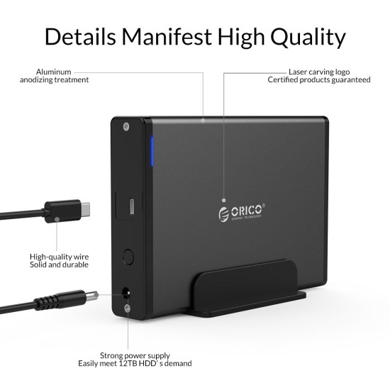 Orico кутия за диск Storage - Case - 3.5 inch Vertical, USB3.1 Type-C, Power adapter, UASP, black - 7688C3-BK Orico кутия за диск Storage - Case - 3.5 inch Vertical, USB3.1 Type-C, Power adapter, UASP, black - 7688C3-BK