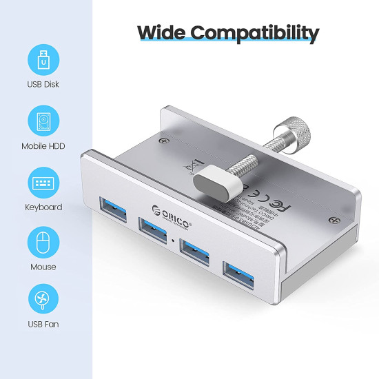 Orico хъб USB 3.0 HUB Clip Type 4 port - aux Micro-USB power input, Aluminum - MH4PU-P-SV Orico хъб USB 3.0 HUB Clip Type 4 port - aux Micro-USB power input, Aluminum - MH4PU-P-SV
