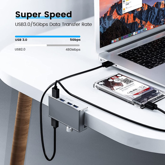 Orico хъб USB 3.0 HUB Clip Type 4 port - aux Micro-USB power input, Aluminum - MH4PU-P-SV Orico хъб USB 3.0 HUB Clip Type 4 port - aux Micro-USB power input, Aluminum - MH4PU-P-SV