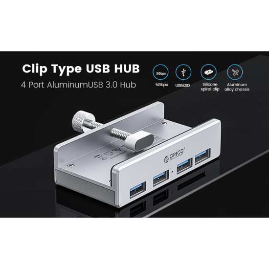 Orico хъб USB 3.0 HUB Clip Type 4 port - aux Micro-USB power input, Aluminum - MH4PU-P-SV Orico хъб USB 3.0 HUB Clip Type 4 port - aux Micro-USB power input, Aluminum - MH4PU-P-SV