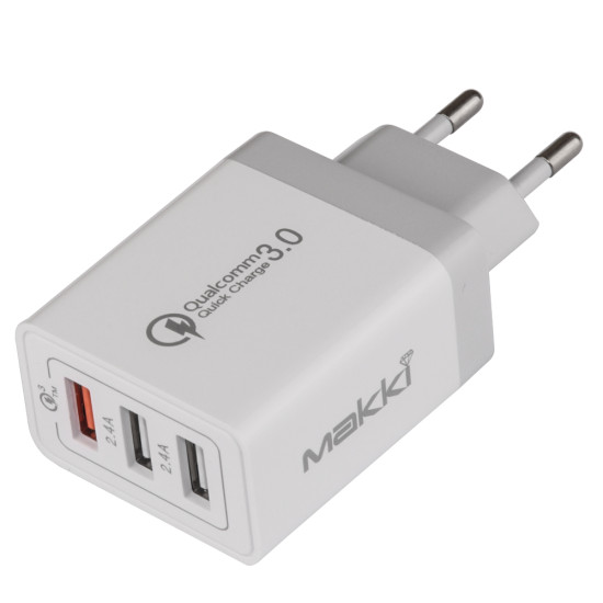 Makki бързо зарядно Fast Charger - QC3.0+2xUSB 30W White - MAKKI-QC30W3 Makki бързо зарядно Fast Charger - QC3.0+2xUSB 30W White - MAKKI-QC30W3