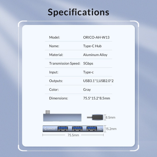 Orico хъб USB3.0/2.0 HUB 3 port TYPE C, Aluminum - AH-W13-GY Orico хъб USB3.0/2.0 HUB 3 port TYPE C, Aluminum - AH-W13-GY