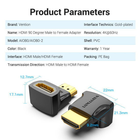 Vention Адаптер Adapter HDMI Right Angle 90 Degree M/F - AIOB0 Vention Адаптер Adapter HDMI Right Angle 90 Degree M/F - AIOB0