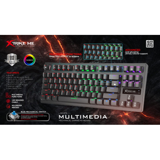 Xtrike ME механична клавиатура Gaming Keyboard Mechanical 87 keys GK-979 - Blue switches, Rainbow backlight Xtrike ME механична клавиатура Gaming Keyboard Mechanical 87 keys GK-979 - Blue switches, Rainbow backlight