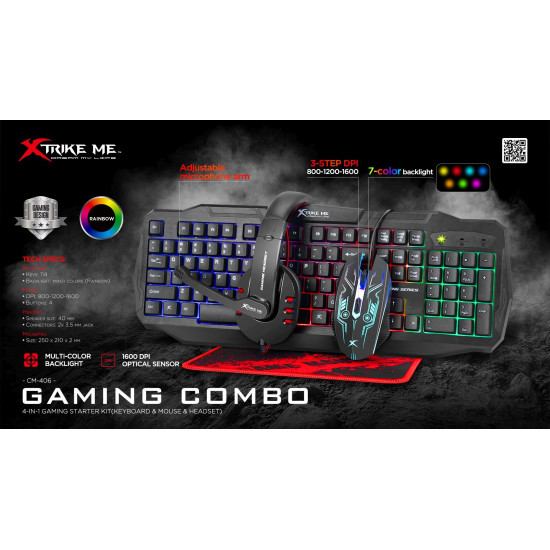 Xtrike ME Геймърски комплект Gaming COMBO CM-406 - Keyboard, Mouse, Headset, Mousepad - XTRM-CM-406 Xtrike ME Геймърски комплект Gaming COMBO CM-406 - Keyboard, Mouse, Headset, Mousepad - XTRM-CM-406