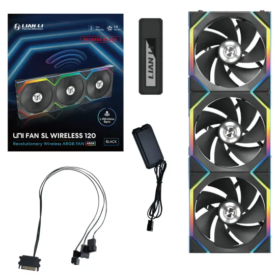 Triple Pack Lian Li UNI FAN SL Wireless ARGB PWM Reverse Blade - 120 mm Black + Controller