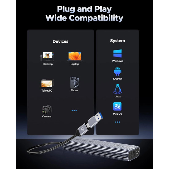 Orico външна кутия за диск Storage - Case - M.2 NVMe M key - USB-C/A, 40Gbps, Built-in Air Cooling, Aluminium - ACOM2-U4-GY