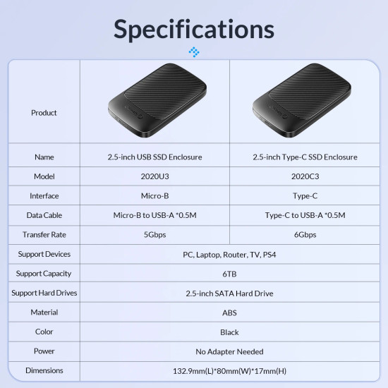 Orico кутия за диск Storage - Case - 2.5 inch USB-C - 2020C3-V1-BK
