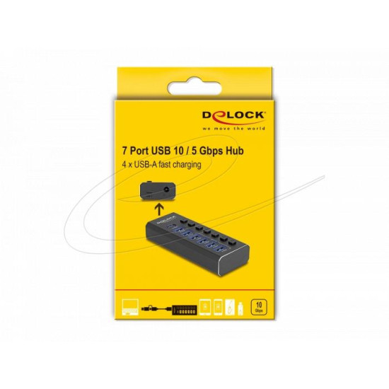Delock 7 Port USB Hub with 4 Ports 10 Gbps and 4 Fast Charging Ports with Switch and Illumination