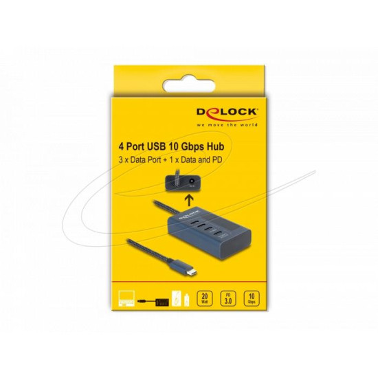 Delock USB 10 Gbps Hub with 4 USB Type-C™ Ports thereof 3 x Data Port + 1 x Data and PD 20 Watt with power indicator