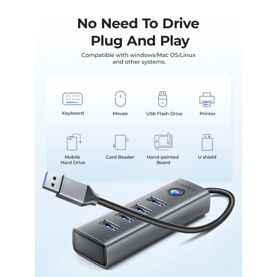 Orico хъб HUB USB3.0 4 port, Aluminium, Grey - PDD4U-U3-015-GY