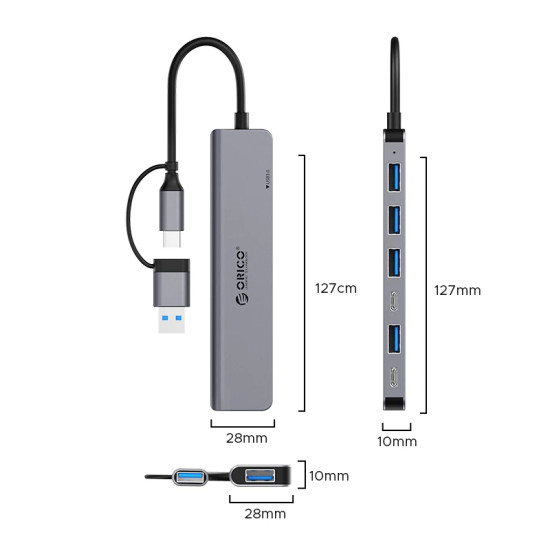 Orico хъб HUB USB-C/USB-A 7 port - USB-C x 2, USB3.0 x 1, USB2.0 x 4, Aluminium - YSA7-U3-GY