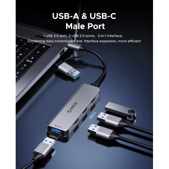 Orico хъб HUB USB-C/USB-A 7 port - USB-C x 2, USB3.0 x 1, USB2.0 x 4, Aluminium - YSA7-U3-GY