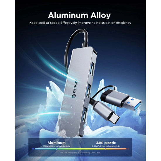 Orico хъб HUB USB-C/USB-A 7 port - USB-C x 2, USB3.0 x 1, USB2.0 x 4, Aluminium - YSA7-U3-GY