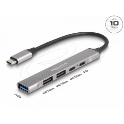 Delock 4 Port Slim USB Type-C™ Hub with 1 x USB 10 Gbps Type-A + 2 x USB 2.0 Type-A + 1 x USB 2.0 USB Type-C™ and PD 95 W