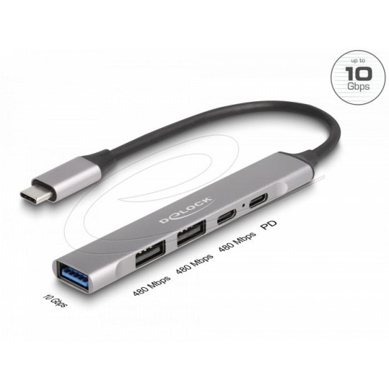 Delock 4 Port Slim USB Type-C™ Hub with 1 x USB 10 Gbps Type-A + 2 x USB 2.0 Type-A + 1 x USB 2.0 USB Type-C™ and PD 95 W