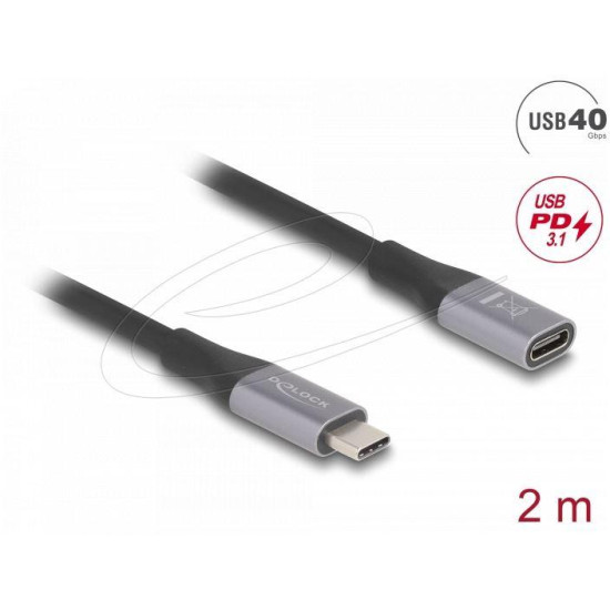 Delock USB 40 Gbps Extension Cable USB Type-C™ male to female PD 3.1 240 W 2 m grey metal
