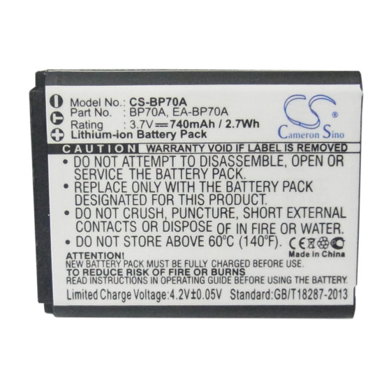 Camera Battery for Samsung BP70A, Li-Ion 3.7V, 740mAh, Cameron Sino