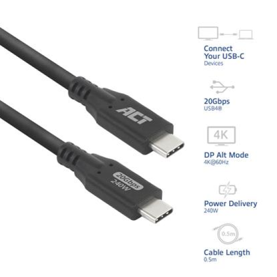 ACT Cable USB-C - USB-C, 0.5 m / USB4, 20Gbps, 240W