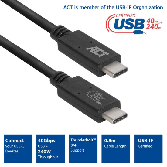 ACT Cable USB-C - USB-C, 0.8 м / USB4, 40Gbps, 240W, сертифициран USB-IF