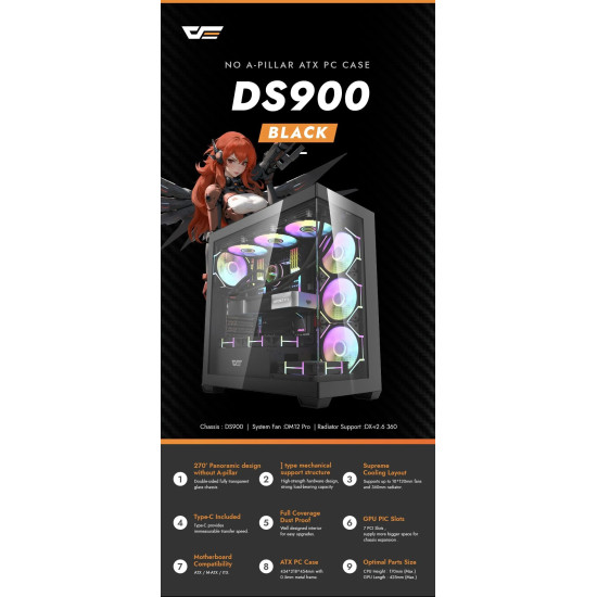 Darkflash кутия Case ATX - DS900 Black - USB-C
