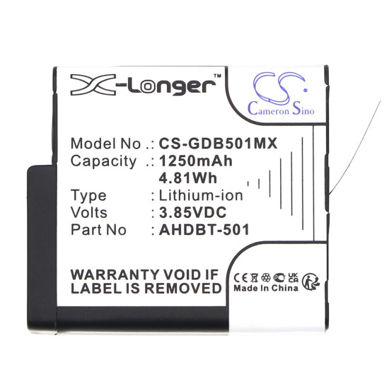 Camera Battery for GOPRO Hero 5; Hero 6; Hero 7; Hero 8   AHDBT-501  3,85V 1250mAh   LIIon Cameron Sino