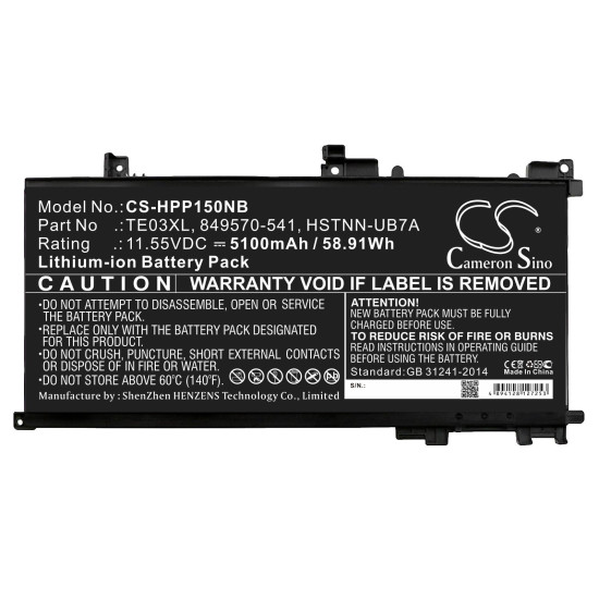 Laptop Battery for HP OMEN 15-AX003NI  TE03XL TPN-Q173 CS-HPP150NB 11,55V 5100mAh CAMERON SINO