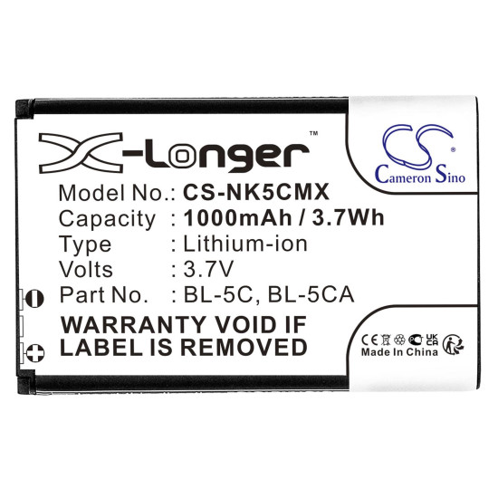Mobile battery CAMERON SINO BL-5C, for Nokia 105 2700 3110 5130 6230 E50, 3.7V, 1000mAh