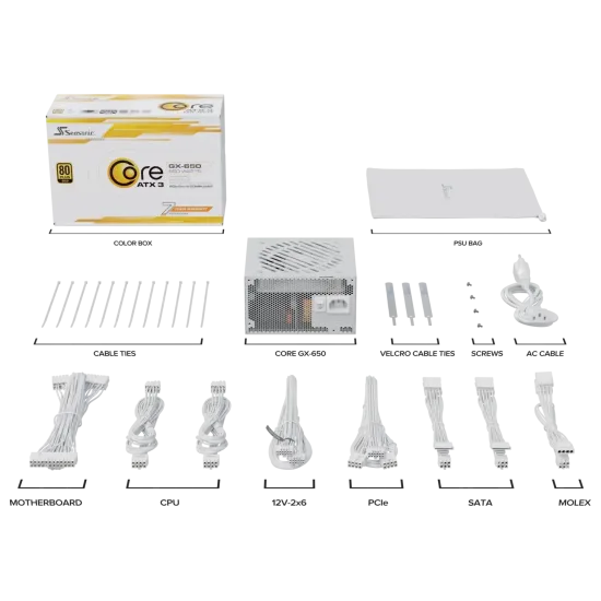 Захранващ блок Seasonic CORE GX White 650W 80+ Gold, Fully Modular, ATX 3.1, PCIe 5.1