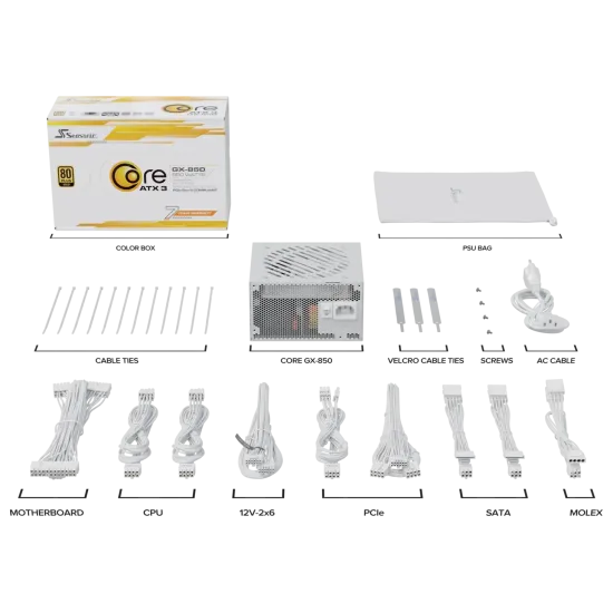 Power Supply Unit Seasonic CORE GX White 850W 80+ Gold, Fully Modular, ATX 3.1, PCIe 5.1 Power Supply Unit Seasonic CORE GX White 850W 80+ Gold, Fully Modular, ATX 3.1, PCIe 5.1