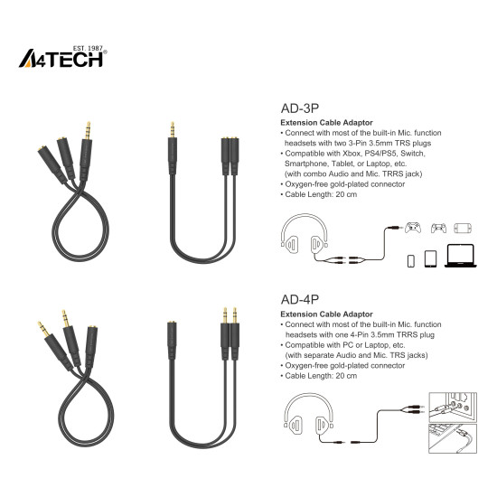 A4Tech Адаптер AD-3P 3.5mm жак мъжко - 2 х 3.5mm жак женско