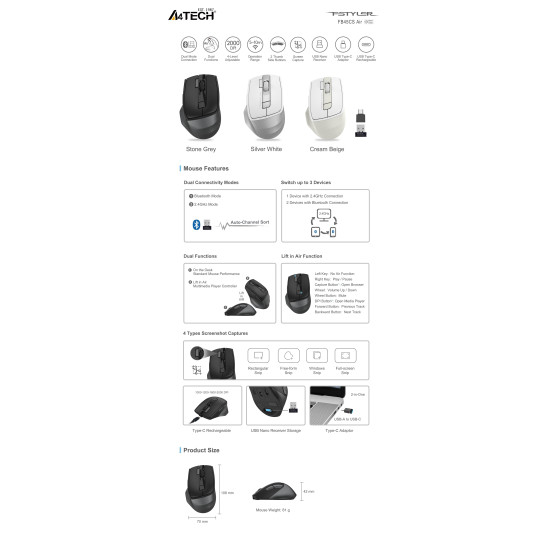 A4tech FB45CS Air'2 Stone grey wireless mouse, Dual mode, up to 2000 dpi, black