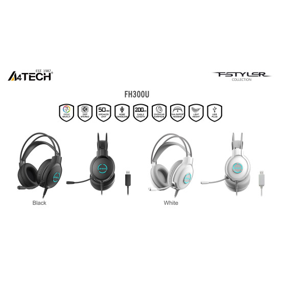 А4tech Fstyler FH300U Headphones with microphone USB, Noise Cancelling, WHITE
