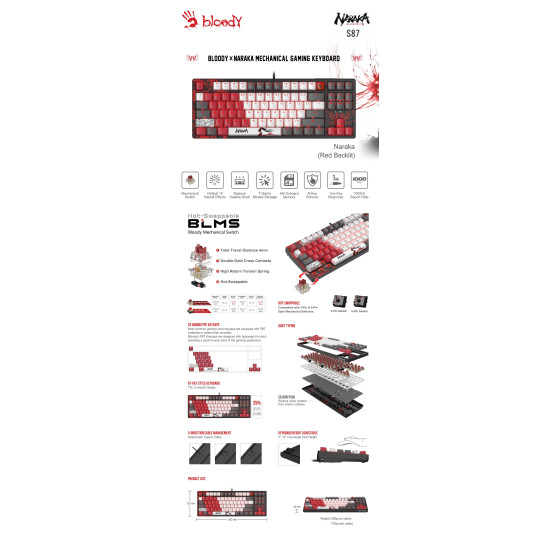 A4tech Gaming Mechanical Keyboard Bloody Naraka S87 TKL Backlit red switch, USB