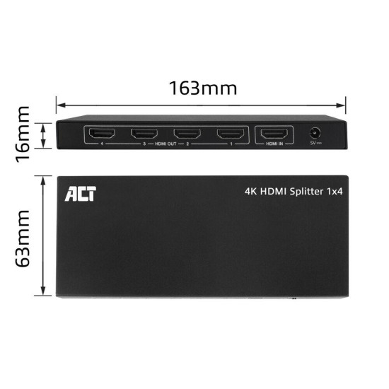 ACT HDMI Splitter AC7832 4K HDMI splitter, 1 input, 4 HDMI outputs