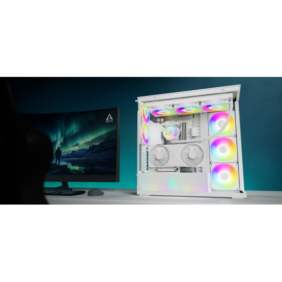 Arctic кутия Case E-ATX - Xtender VG (White) - PCIe Gen 4 riser included, 5 A-RGB Fans included