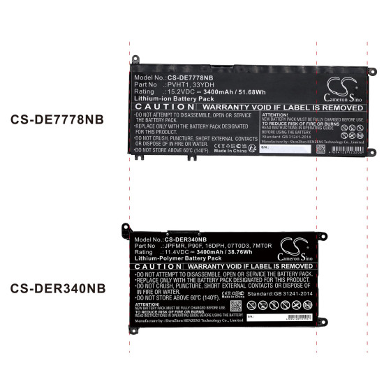 Laptop Battery for Dell Inspiron13MF Pro-D1508TS, Inspiron 14 5485, Vostro 15 5581, 01VX1H 11,4V 3400mAh CAMERON SINO
