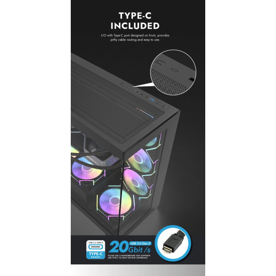 Darkflash кутия Case ATX - DS900 Black - 7 x 120 mm A-RGB fans included, USB-C