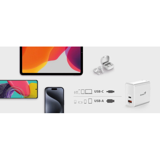 Genius Универсално зарядно за стена Charger Wall GaN - USB Type-C/A 65W White - PD-65AC