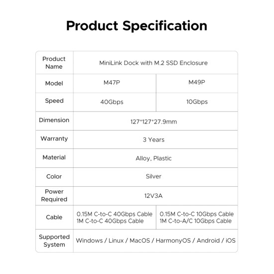Orico докинг станция SSD Docking station M.2 NVMe - USB4(40Gbps) x 1, USB3.2(10Gbps) x 3, M.2 SSD x 2, SD/TF 4.0 - MiniLink M47P-EU-SV