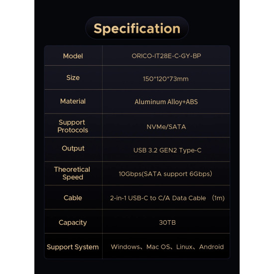 Orico докинг станция Storage - HDD/M.2 Dock - 2 BAY Offline Clone 2.5/3.5/M.2 NVMe USB-C/USB-A - IT28E-C-EU-GY