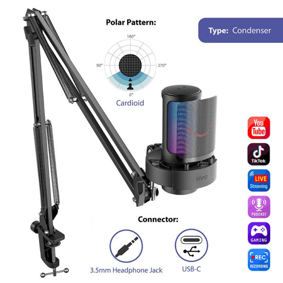 Microphone with Adjustable Arm Stand FIFINE A8T RGB - Black