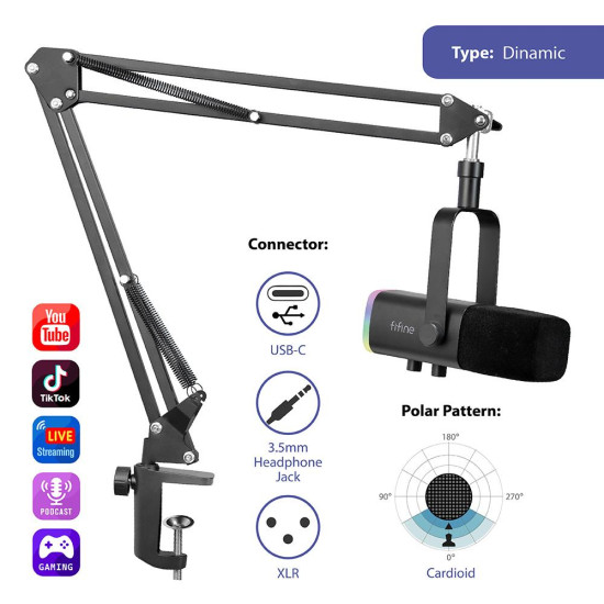 Microphone Adjustable Boom Arm FIFINE AM8T Dynamic RGB - Black